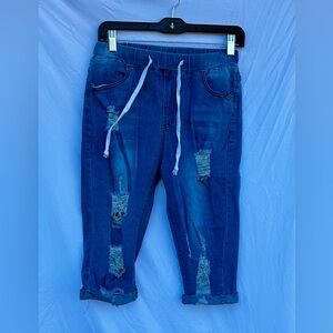 Distressed Capri Denim Jeans | Altered Hem | Stretch Fit | 26” Waist